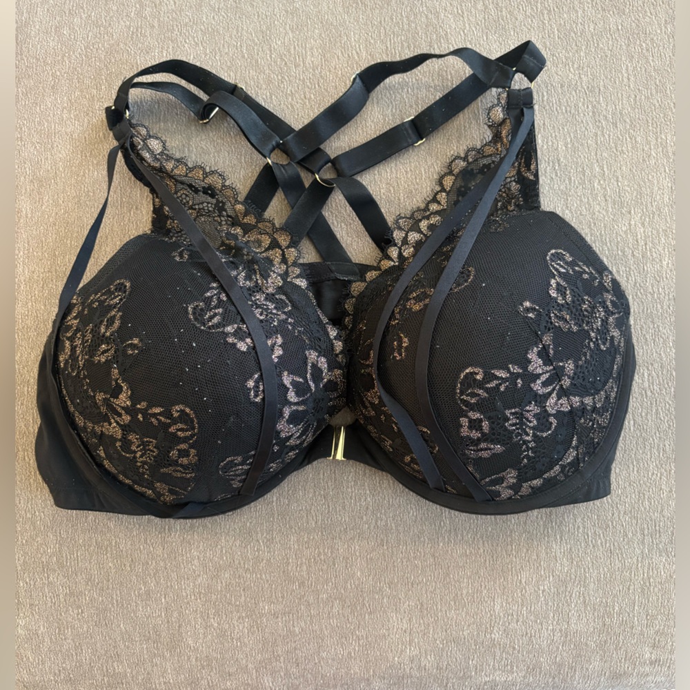 Cacique Black Lace Boost Plunge with Gold Floral Accents and Strappy Detail